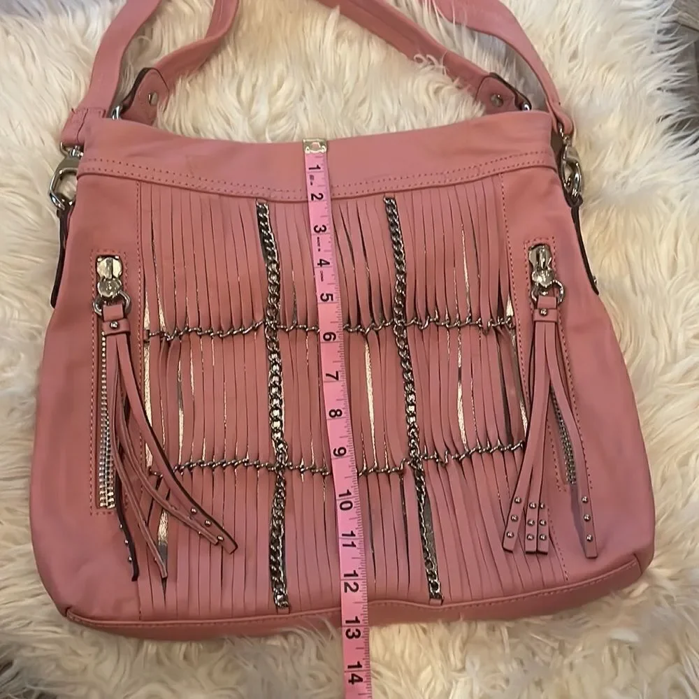 B. Makowsky Alexis Pink Fringe Leather Shoulder Crossbody Bag